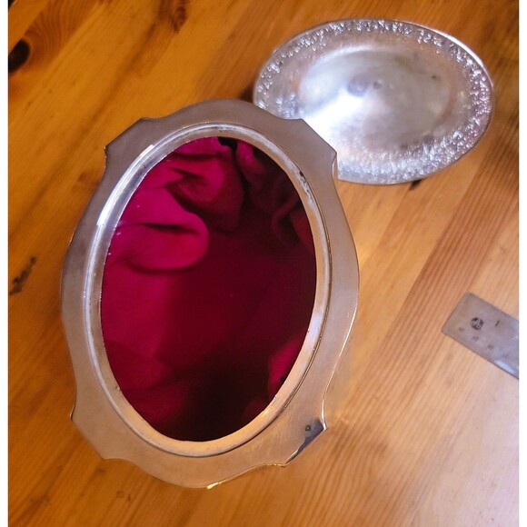 Vintage Silver Plate Trinket Jewelry Box w Lid Red Velvet Inside Engraved Design - Picture 7 of 16